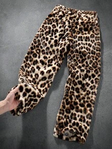 PAVTROS 男士街头风，ins风时尚条纹豹纹宽松长裤，弹力腰针织运动裤，双面抓绒运动裤，自然豹纹设计，“拥抱自然，表达自我”，休闲、时尚派对、户外活动、休闲、节日礼物、男友礼物，男女皆宜的宽松豹纹猎豹裤，秋冬款 - 棕色 - 查看 2