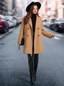 SHEIN Clasi 大码女式绗缝卡其色双排扣休闲羽绒服，冬季外套，绗缝大衣，绗缝夹克，羽绒夹克，卡其色羽绒服，保暖绗缝冬季外套，优雅卡其色女式夹克，舒适秋冬外套，时尚日常长款外套，绗缝外套，冬季外套，秋季外套 - 卡其色 - 查看 5