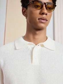 SWAVVY Men's Casual Solid Color Drop Shoulder Long Sleeve Polo Sweater, Autumn/Winter - White - View 3