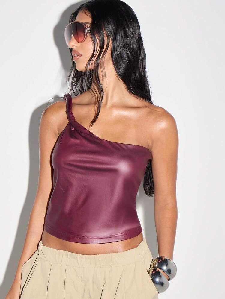 KIZN Faux Leather One Shoulder Twisted Crop Top
