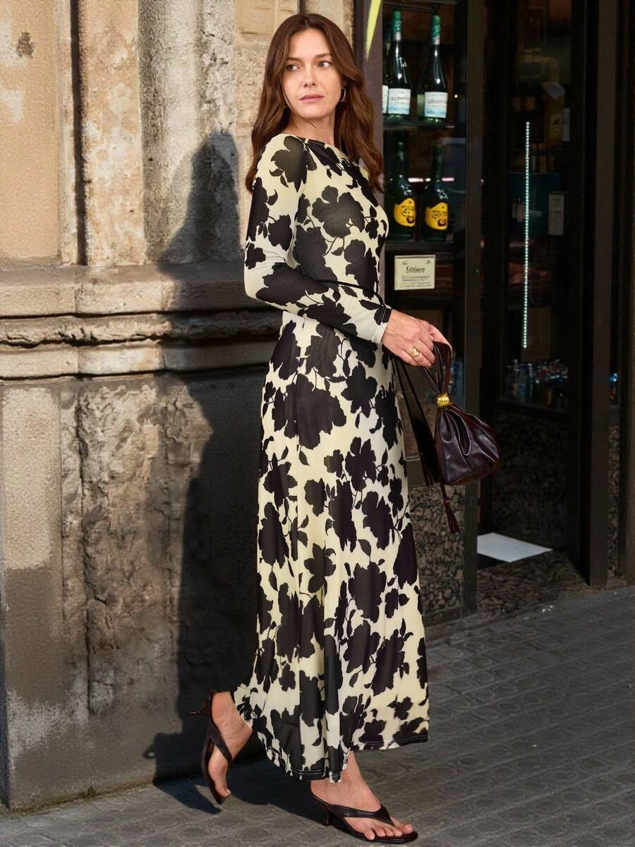 Hansera 女式花卉印花长袖双层优雅修身长裙，多色，春秋 - 彩色 - 查看 1