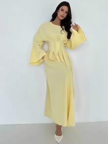 Firerie 女士优雅简约精致日常时尚通勤返校季教师装腰部褶饰喇叭长袖奶油黄色长裙 - 淡黃色 - 查看 5