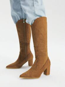 Styleloop Botas altas de tacón grueso con punta puntiaguda y flecos de gamuza para mujer, botas vaqueras de ajuste ceñido para Halloween, Navidad, atuendos de fiesta, otoño