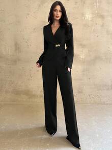 Firerie 2 件套女士休闲纯色重叠 V 领长袖金属纽扣装饰衬衫上衣和裤子套装，时尚勃艮第西装，职业通勤女装，优雅，通勤，工作服，女士教师制服 - 黑色 - 查看 7