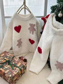 DAZY 圣诞节少女秋季服装 少女圆领毛衣+裤子家居服套装 - 米色 - 查看 6