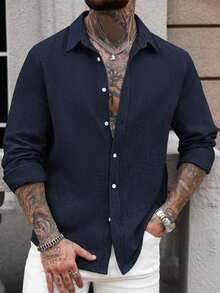 Manfinity Homme 男士纯色单排扣休闲亚麻长袖衬衫，藏蓝色纹理衬衫，秋季款 - 寶藍色 - 查看 5