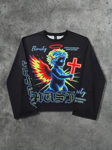 ROMWE MEN Street Life Camiseta casual de manga larga con cuello redondo y estampado de letra de ángel para hombres, adecuada para primavera/verano - Negro - Ver 3