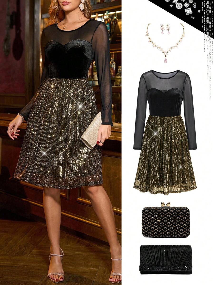 Ellevyn 女式圆领长袖网眼透明黑色天鹅绒心形领口收腰 A 字形亮片串珠面料优雅日常穿着和派对连衣裙，秋冬