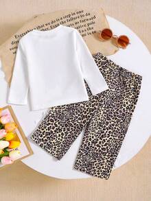 SHEIN 2pcs Girls Autumn/Winter Sweet Cherry Leopard Print Set, Cherry Print Long Sleeve Top + Leopard Flare Pants With Bow - Multicolor - View 2