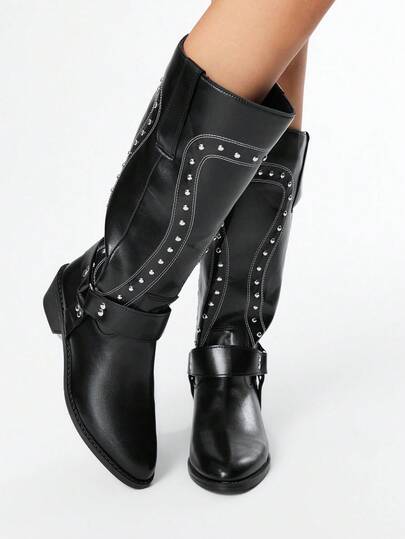 Grunge Punk Stivali alti fino al ginocchio da donna con punta affusolata, tacco largo, fibbia e cinturino, stile punk rock gotico, stivali da motociclista