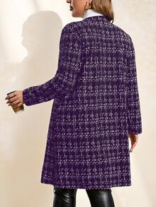 SHEIN Clasi Veste d'hiver pour femmes grandes tailles, manteau à manches longues avec motif tweed synthétique, ouverture devant, boutons perle et poches - Prune - Voir 2