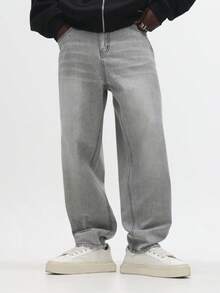 SUMWON 宽腿宽松牛仔裤经典宽松牛仔裤休闲街头风秋冬时尚原色织边浅灰色 - 灰色 - 查看 1