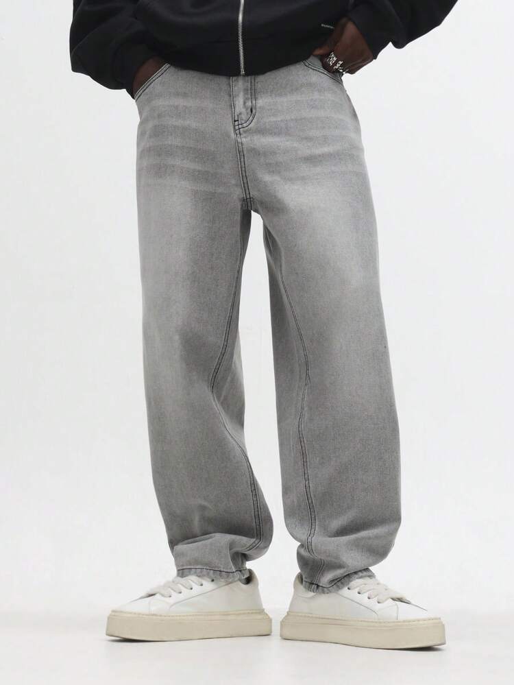 Wide Leg Light Grey Denim Pants With Clean Lines
