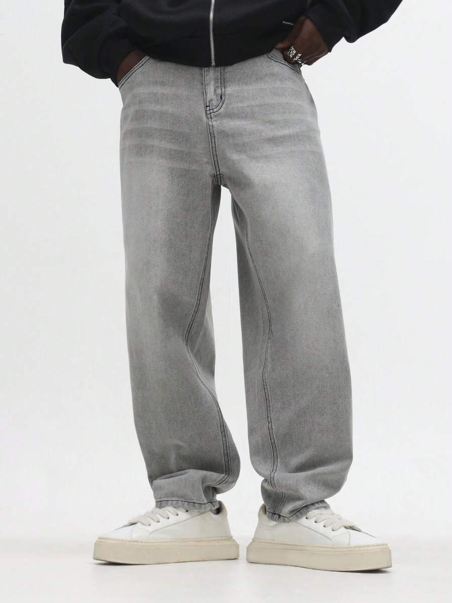 SUMWON 宽腿宽松牛仔裤经典宽松牛仔裤休闲街头风秋冬时尚原色织边浅灰色 - 灰色 - 查看 1