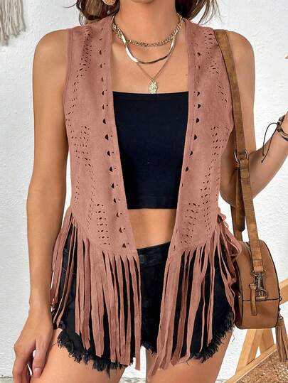 SHEIN VCAY Plus Size Fashionable Vintage Fringe Hem Sleeveless Jacket