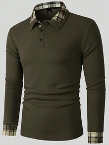 Manfinity Homme 男士格子拼接长袖休闲通勤 Polo 衫，黑色和卡其色长袖 Polo 衫，适合日常休闲、周末旅行、户外活动、探险旅行、轻松的工作环境或半正式场合，可作为男友/丈夫礼物、周年纪念礼物，秋季必备。 - 軍綠色 - 查看 6