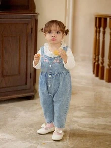 Vintaside Kids Cute Baby Girl Ruffled Hem Long Sleeve Top & Sleeveless Floral Embroidered Washed Denim Jumpsuit,Blue And White Autumn Matching Family Camping Outfit - Multicolor - View 7