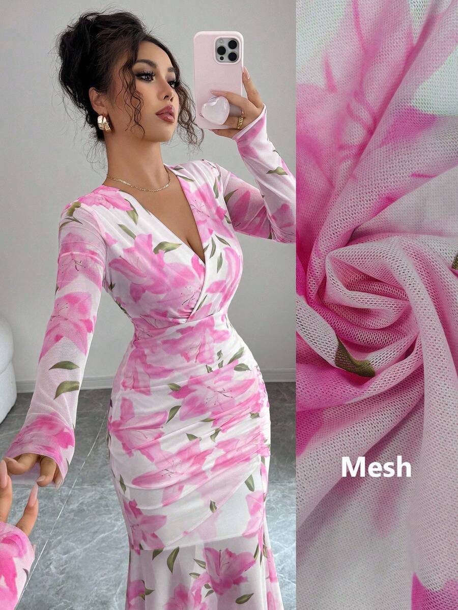 Selianne Váy ôm sát tay dài họa tiết hoa thanh lịch, cổ chữ V, eo nhún, viền đuôi cá, mẫu mới cho mùa thu trở lại trường - Hồng - Xem 1