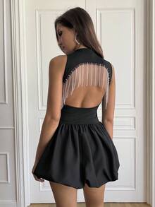 SHEIN BAE Sleeveless Rhinestone Fringe Backless Mini Dress, High Neck, Party, Club Outfit, Suitable For Dates, Outings In Autumn, Christmas, Halloween, Day Of The Dead - Black - View 3