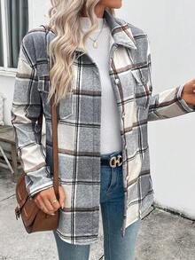 EMERY ROSE Women's Plaid Single-Breasted Casual Fleece Jacket, Autumn/Winter - Grey - View 3