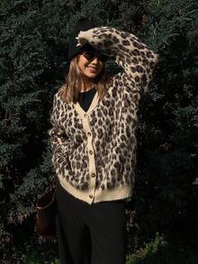 DAZY Women's Leopard Print Loose V-Neck Casual Street Style Knit Cardigan, Autumn/Winter - Brown - View 1