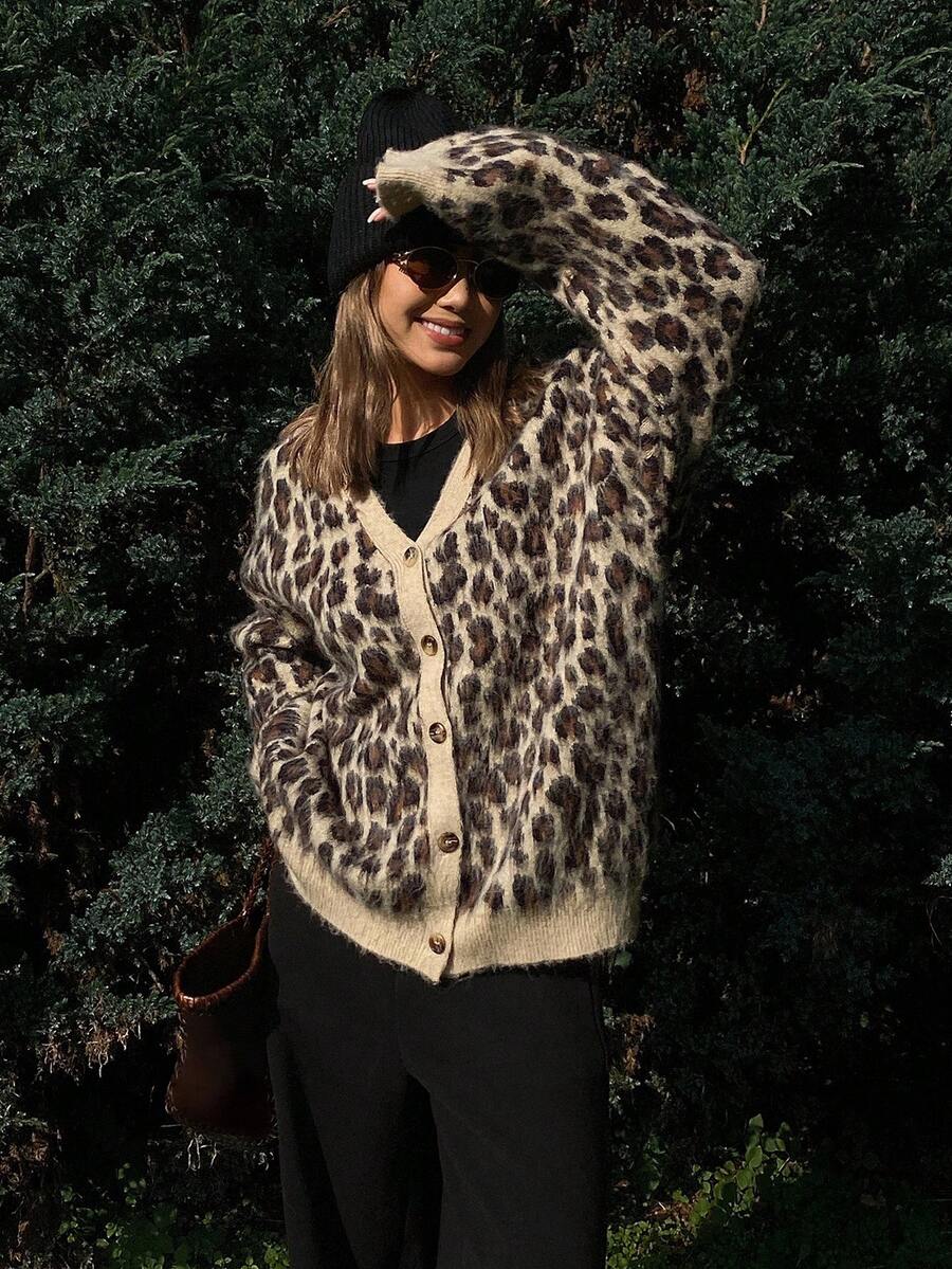 DAZY Women's Leopard Print Loose V-Neck Casual Street Style Knit Cardigan, Autumn/Winter - Brown - View 1