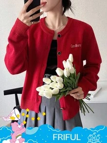 FRIFUL SHEIN X Care Bears 女式圆领字母刺绣纽扣开衫 - 紅色 - 查看 3