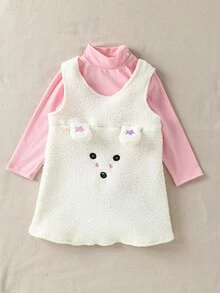 SHEIN Playful Pals 2pcs Baby Girl Fashion Cute Embroidered 3D Ear Furry Thick Vest Dress With Pink Turtleneck Top, Adorable 2-Piece Set, Birthday Dress - Multicolor - View 5