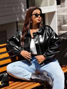 Vionelle Große Größen PU Leder Kurze Motorrad Jacke, Stehkragen Große Größen Lederjacke Große Größen Streetwear Große Größen Y2K Kleidung Große Größen Oberbekleidung XXL Damen Jacke - Schwarz - Übersicht 5