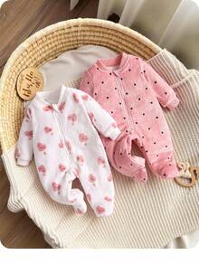 2 件装女婴长袖爱心与波尔卡圆点印花羊毛连帽连体衣，秋冬款