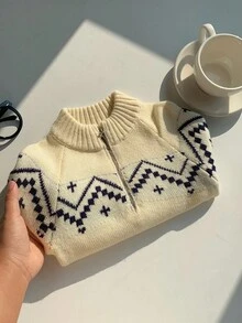 SHEIN 男女宝宝可爱条纹长袖立领针织毛衣，休闲百搭，适合秋冬季 - 彩色 - 查看 4