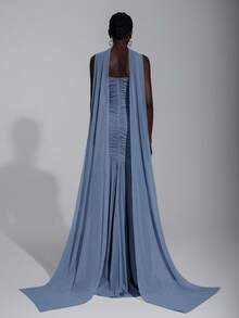 Elitara Elegant Cream Yellow Chiffon Halter Neck Dress (Detachable Sequins), Bust Ruched, Mesh Hem Fishtail, Suitable For Dates, Vacation, Weddings, Bridesmaid Events