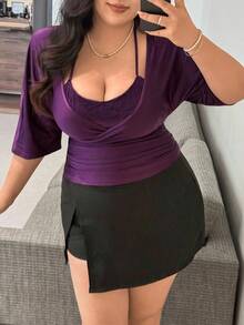 Flirla Plus Size Purple Casual Batwing Sleeve T-Shirt - Purple - View 5