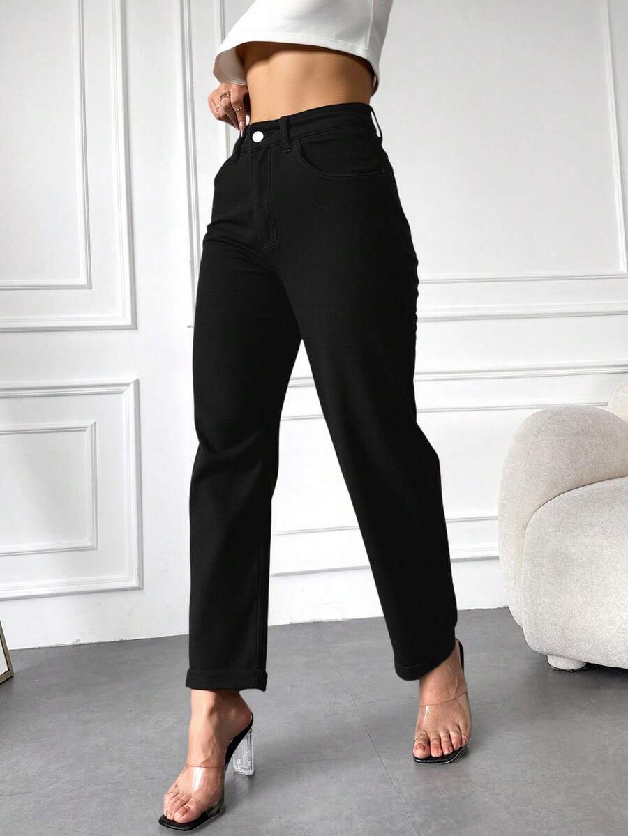 RueChic Quần jean ống rộng cạp cao 100% cotton - màu đen - Xem 1