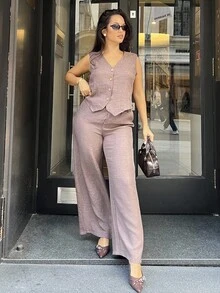 NegzBox Conjunto informal de 2 piezas de chaleco de un solo botonadura y pantalones de unicolor para mujer, para verano - Marrón Chocolate - Ver 5