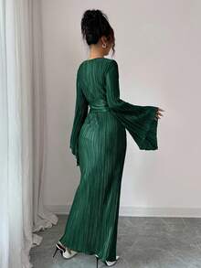 Elenzga Women's Solid Color V-Neck Flare Sleeve Waist Tie Design Pleated Fitted Elegant Elegant Dress Party Dark Green Autumn - Dark Green - View 2