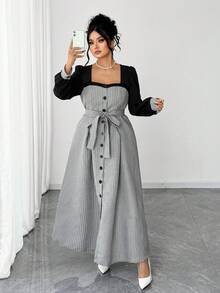 Elenzga Plus Size Women Elegant Commuter Tweed Long Sleeve Dress, Autumn/Winter - Black - View 1