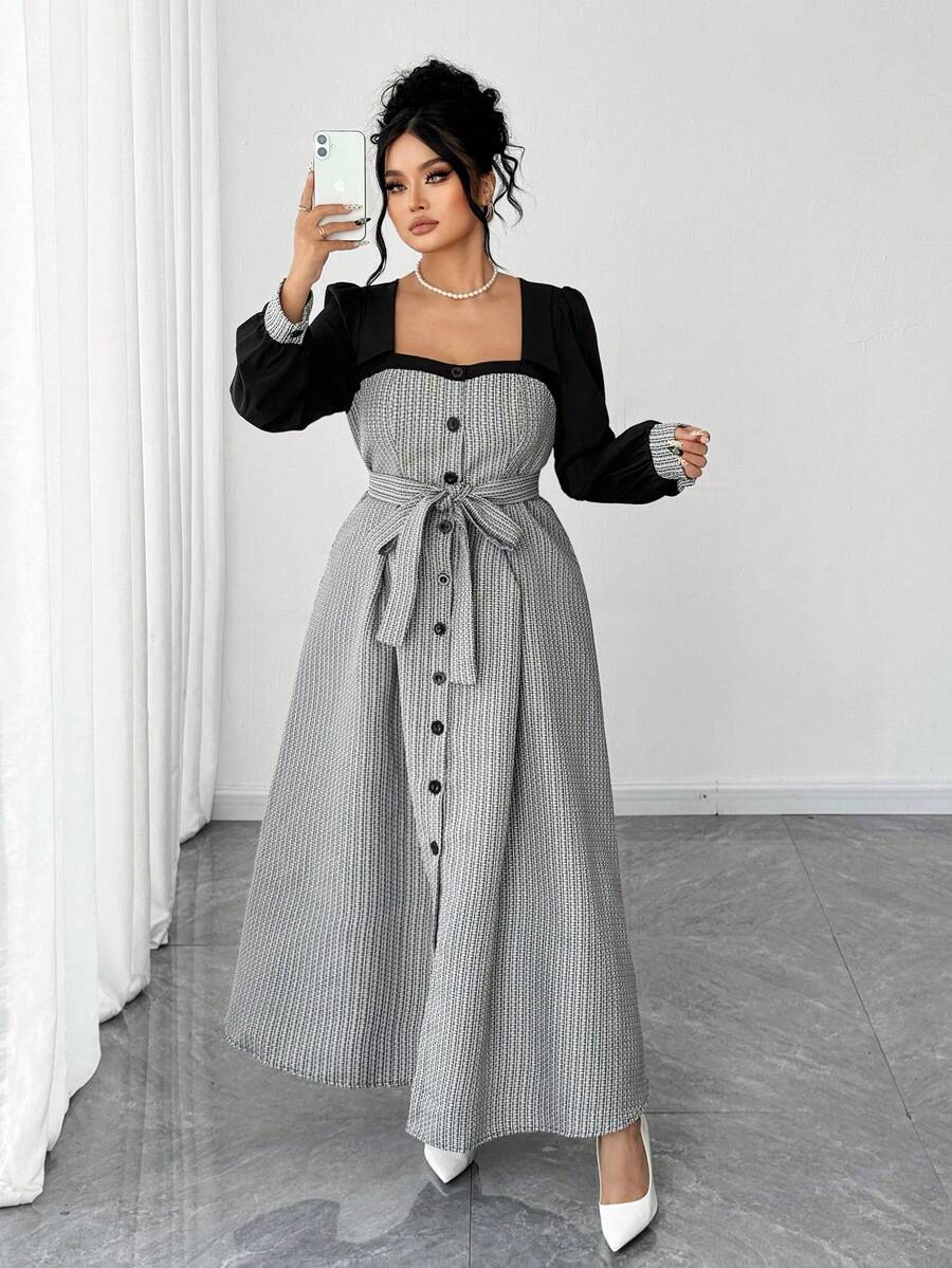 Elenzga Plus Size Women Elegant Commuter Tweed Long Sleeve Dress, Autumn/Winter - Black - View 1