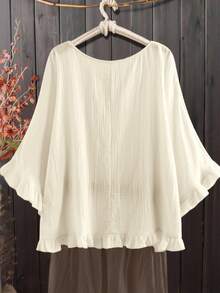 EMERY ROSE 大码女式纯色棉质纹理面料圆领蝙蝠袖宽松荷叶边下摆衬衫 - 米色 - 查看 2