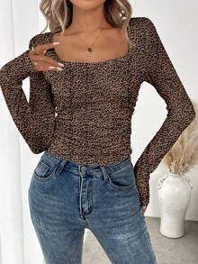 SHEIN LUNE 女式豹纹褶皱圆领长袖修身时尚T恤 - 彩色 - 查看 3