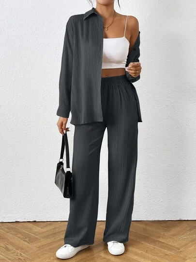 SHEIN PETITE 2pcs Women Solid Color Long Sleeve Single-Breasted Shirt And Pants Casual Suit, Autumn