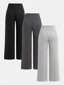 SHEIN 3件套少女高腰针织紧身/阔腿裤，黑色/深灰色/浅灰色，百搭舒适休闲裤，适合秋冬季节穿着，喇叭裤型，少女运动针织喇叭裤，喇叭打底裤，阔腿运动裤 - 彩色 - 查看 2