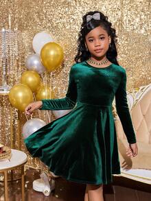 SHEIN 青少年女孩优雅水钻天鹅绒圆领荷叶边下摆露背蝴蝶结长袖连衣裙，翠绿色，适合圣诞节、派对、聚会、郊游 - 墨綠色 - 查看 3