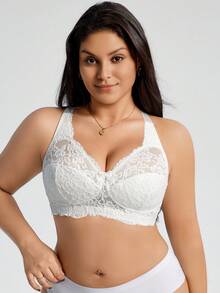DesireSculpt Sujetador inalámbrico elegante de talla grande con parches de encaje de unicolor, que levanta - Blanco - Ver 7