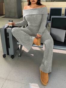 SHEIN EZwear Conjunto de 2 piezas de talla grande, informal y para el hogar, minimalista, con hombros descubiertos y acanalado - Gris Claro - Ver 7