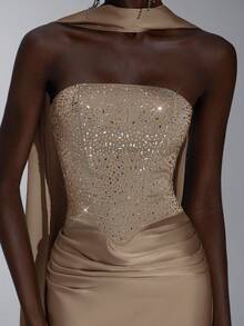 Elitara Elegant Luxurious Rhinestone & Sequin Decor Halter Mermaid Tail Dress With Train, Suitable For Weddings, Events, Parties, Graduations, Formal Occasions (Heavy Embellishment) - Camel - View 2