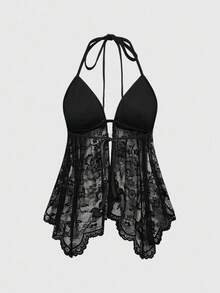 ROMWE Avant Y2K 派对露背细肩带短款上衣和低腰亮片短裤两件套女款 - 黑色 - 查看 4