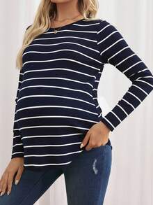 SHEIN Maternity Striped Button Back Butterfly Sleeve Curved Hem T-Shirt,Navy Blue Summer Smart Casual Everyday Pregnancy Shirts Long Sleeve Autumn Tops - Navy Blue - View 4