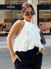 NegzBox Áo crop top bèo nhún nhiều lớp màu trắng, Áo dễ thương, Áo ống nữ, Kiểu dáng thanh lịch, Áo hở lưng, Áo năm mới, Áo dự tiệc nữ, Áo trễ vai, Áo cánh tối giản dây rộng cài nút phía trước thường ngày cho nữ, Trang phục cổ điển, Quần áo nữ, Phong cách ngày lễ tình nhân - trắng - Xem 6
