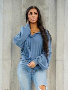 SAYEHFBABY 1pc Women Solid Color V-Neck Knit Long Sleeve Loose Pullover Sweatshirt,Long Sleeve Tops - Blue - View 4